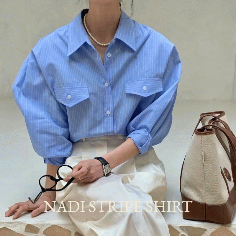 나디 스트라이프 포켓 긴팔 셔츠 (3 color)